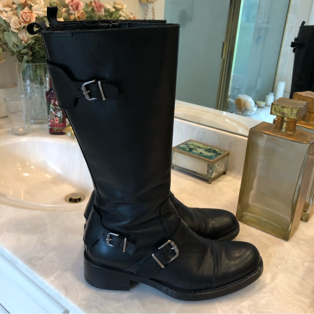 Elle Motorcycle Chunky Black Leather Boots with Silver Detail. So on trend! Sz39 - Picture 5 of 14
